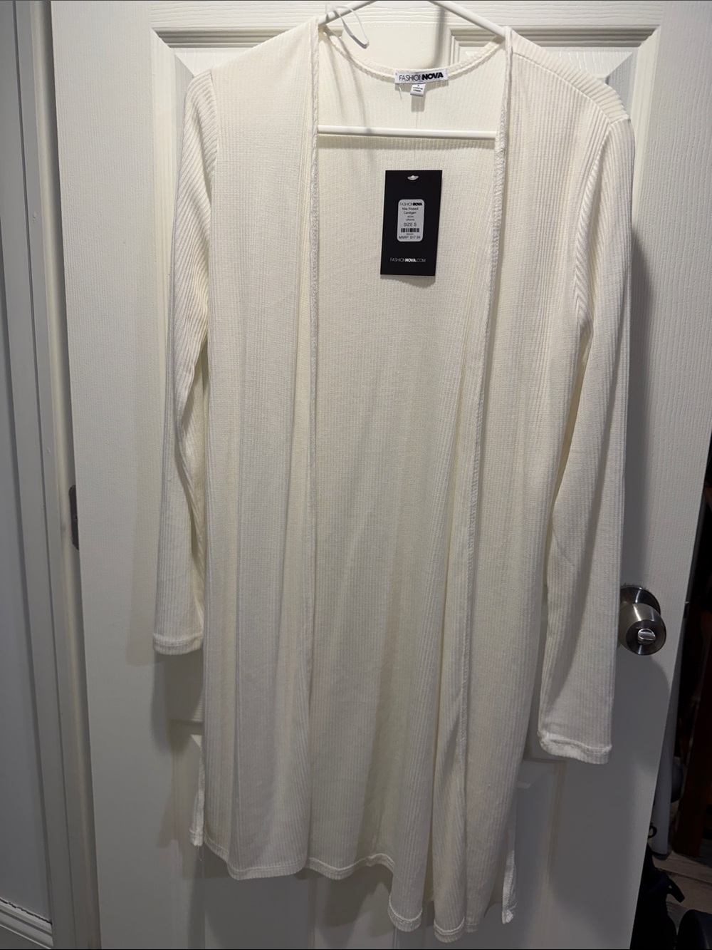 Fashion Nova Cream Ribbed Open-Front Long Cardigan